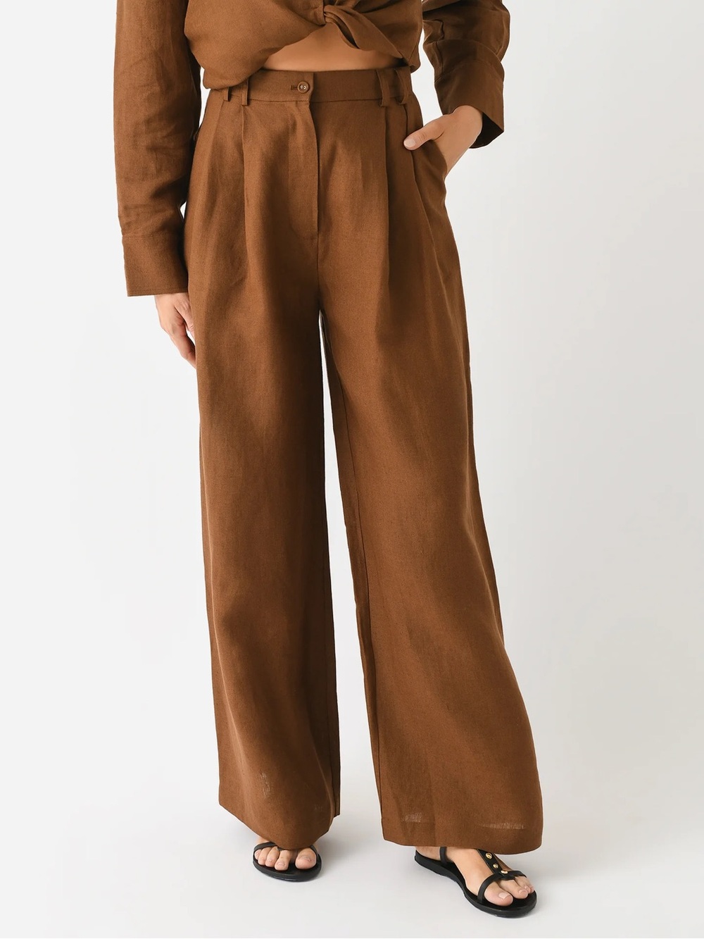 Casa Raki Alma Trousers Chestnut Brown Linen Wide Leg High Rise Size L NWT